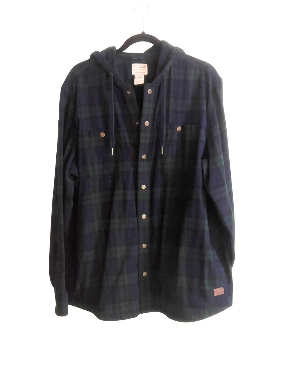 L.L. Bean Blackwatch Plaid Hooded Flannel Shirt Jacket L Slightly Fitted